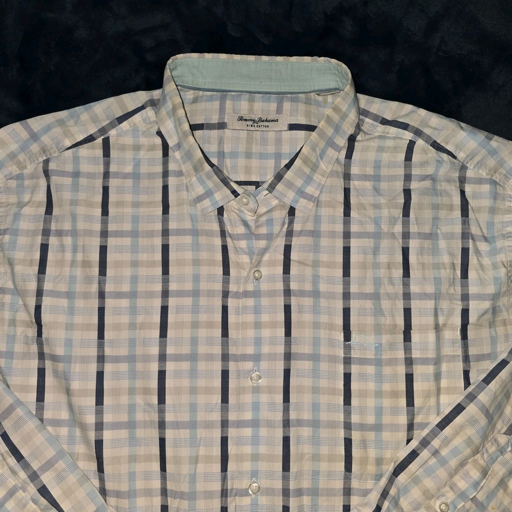 NICE MENS TOMMY BAHAMA 3XL XXXL White Blue PLAID PIMA COTTON Long‎ Sleeve Shirt